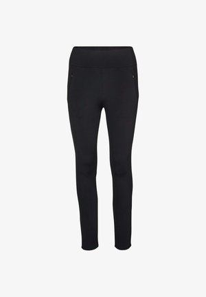Schwarze Slim-Fit-Hose mit hoch geschnittener Taille und seitlichen Reißverschlusstaschen, geeignet für Freizeit- oder Sportkleidung.