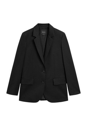Black blazer made of structured fabric. Features a notched collar, single-button closure, and two front flap pockets. Simple design.