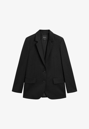 Blazer nero in tessuto strutturato con design a un bottone, revers a punta, due tasche frontali e due bottoni.