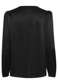 Černá halenka s dlouhými rukávy, hladkým, jemně lesklým povrchem, s nařasenými detaily na ramenech a kulatým výstřihem. Bez viditelných vzorů.