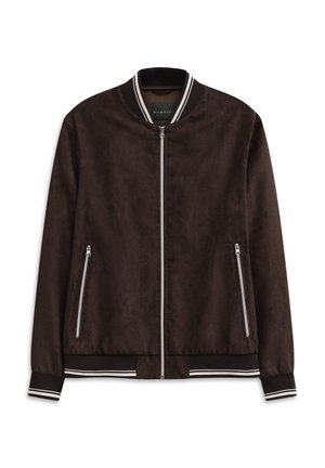 Giacca bomber marrone realizzata in tessuto testurizzato, con zip frontale, due tasche laterali e polsini e orlo a righe a costine.