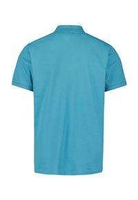 Turkooise polo shirt gemaakt van zachte stof. Korte mouwen, klassieke kraag en rechte zoom zonder zichtbare patronen of accenten.