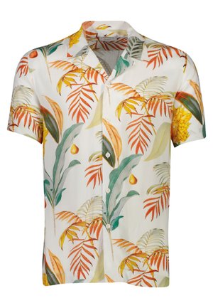 Camicia a maniche corte in tessuto leggero, con uno sfondo bianco e vivaci stampa di foglie tropicali arancioni e verdi, e chiusura con bottoni.
