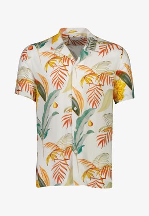 Koszula z krótkim rękawem wykonana z lekkiego materiału, z białym tłem i żywymi pomarańczowymi oraz zielonymi nadrukami z tropikalnych liści, z zapięciem na guziki.