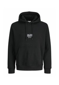 Schwarzer Hoodie aus Baumwollmischung mit einer Kängurutasche, verstellbare Kapuze und weißer Logo-Stickerei auf der Brust. Rippbündchen und Saum.