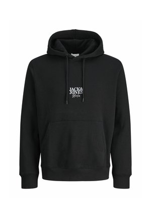 Schwarzer Hoodie aus Baumwollmischung mit einer Kängurutasche, verstellbare Kapuze und weißer Logo-Stickerei auf der Brust. Rippbündchen und Saum.