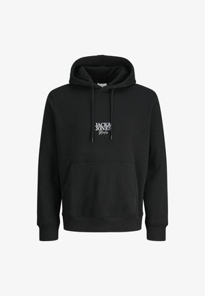 Črna kapuca iz mešanice bombaža z kenguru žepom, kapuco na vrvico in belo vezenje logotipa na prsih. Ribočastimi manšetami in robom.