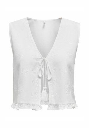 Bela brezrokavna majica z V-izrezom, cvetličnim vezenjem, prednjim zavezovanjem z resicami in rjavim robom.