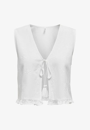 Fehér ujjatlan felső V-nyakkivágással, virágos hímzéssel, elöl kötős csomózással, és fodros szegéllyel.