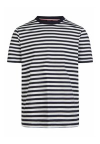 T-Shirt mit kurzen Ärmeln aus weicher Baumwolle in navyblauen und weißen horizontalen Streifen, mit Rundhalsausschnitt und geradem Saum.