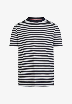 T-Shirt mit kurzen Ärmeln aus weicher Baumwolle in navyblauen und weißen horizontalen Streifen, mit Rundhalsausschnitt und geradem Saum.
