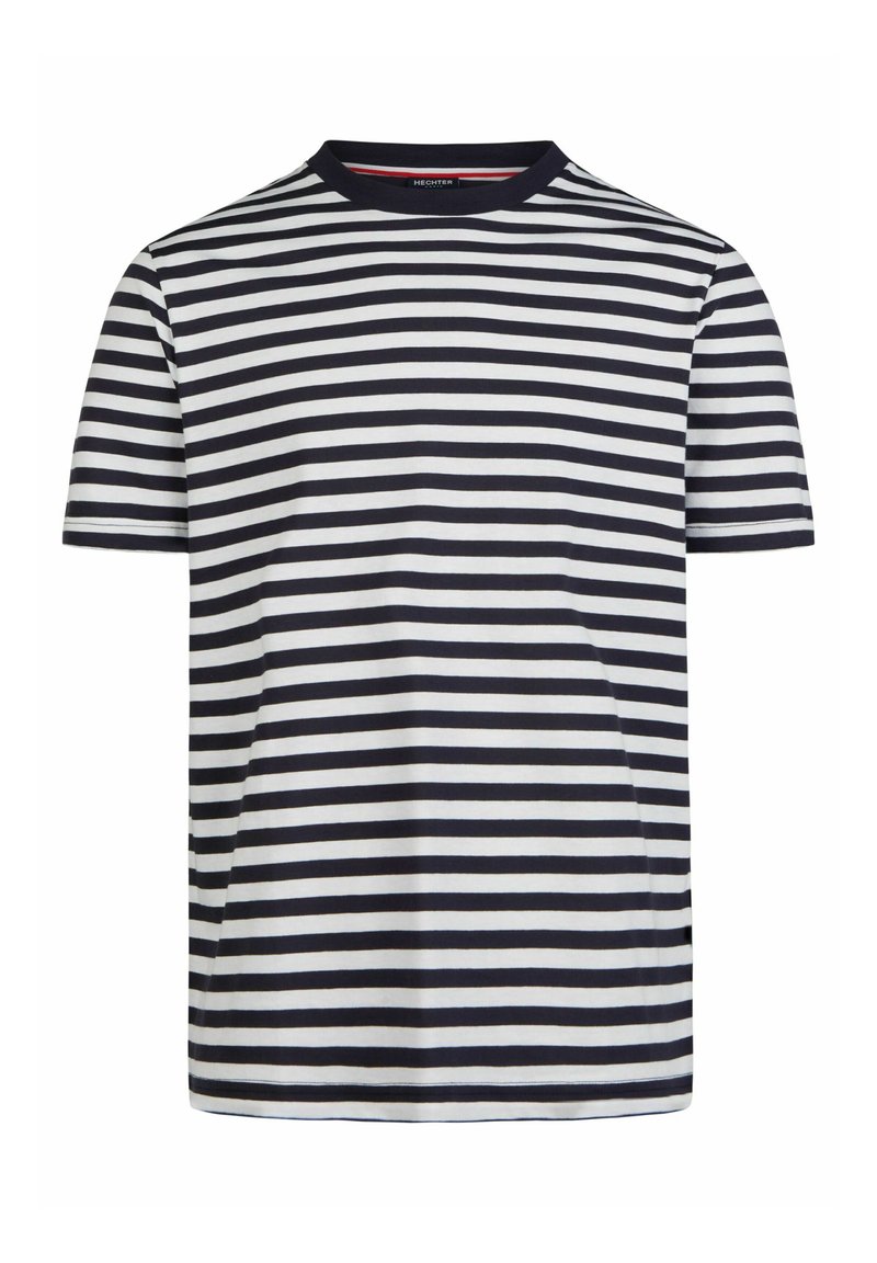 T-Shirt mit kurzen Ärmeln aus weicher Baumwolle in navyblauen und weißen horizontalen Streifen, mit Rundhalsausschnitt und geradem Saum.