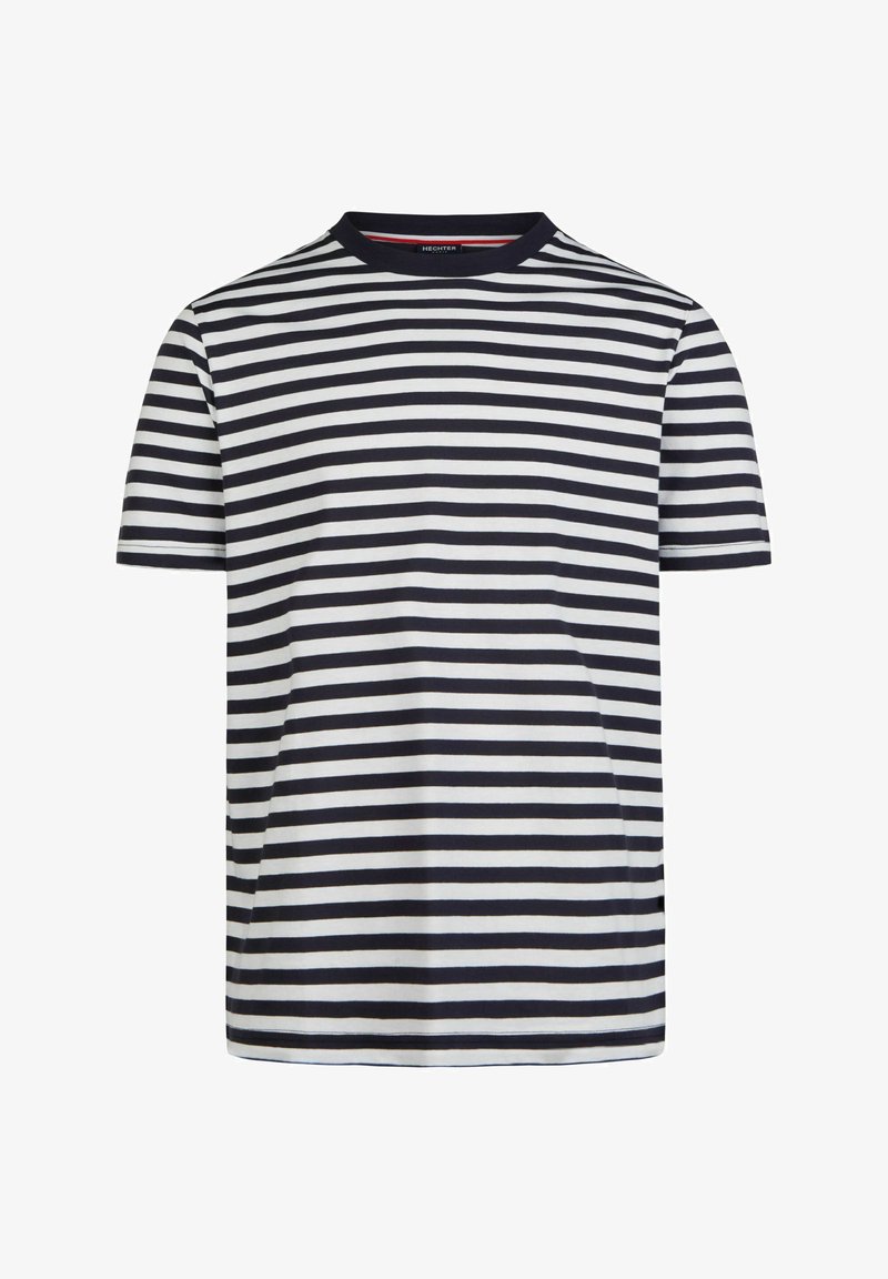 Korte mouw t-shirt van zachte katoen met marineblauwe en witte horizontale strepen, voorzien van een ronde hals en een rechte zoom.