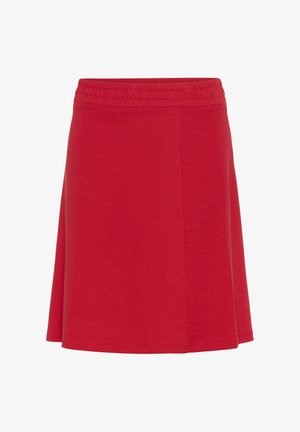 Rdeča bombažna krila z elastičnim pasom, A-linijske oblike, gladka tekstura in brez vidnih vzorcev ali kovinskih dodatkov.