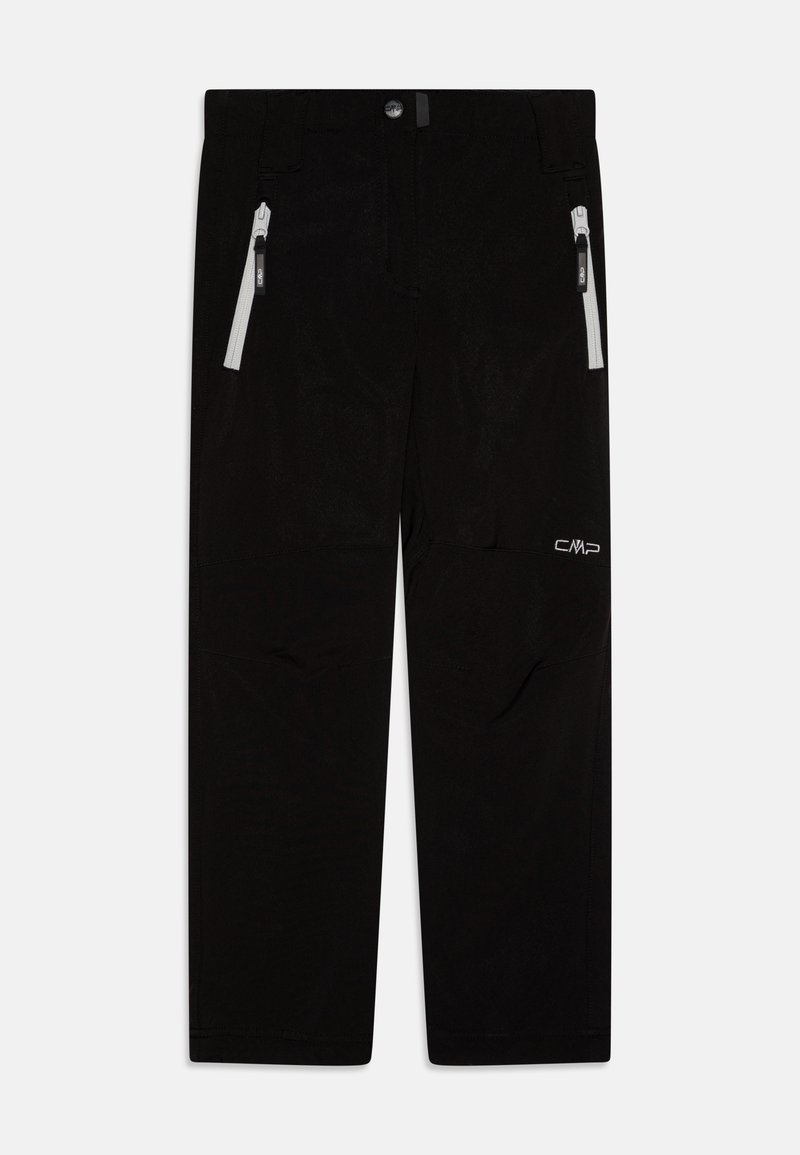Calças pretas de exterior, feitas de tecido durável, com dois bolsos laterais com fecho éclair, cintura ajustável e um logótipo na perna esquerda.