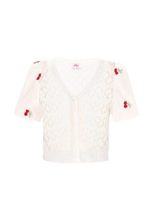 Korte mouwen witte cardigan met een gebreid patroon, V-hals, knoopsluiting aan de voorzijde en rode geborduurde kersenaccenten op de mouwen.