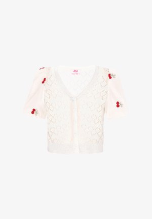 Korte mouwen witte cardigan met een gebreid patroon, V-hals, knoopsluiting aan de voorzijde en rode geborduurde kersenaccenten op de mouwen.