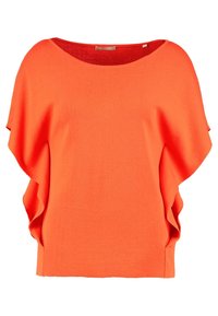 Jasnopomarańczowa, luźna bluzka z szerokim dekoltem i luźno opadającymi rękawami. Miękka w dotyku i o swobodnym kroju, idealna do codziennego noszenia.