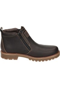 Bottines en cuir marron avec fermeture éclair sur le côté, finition texturée, coutures contrastantes et une semelle en caoutchouc durable avec des motifs de grip.