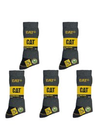 Chaussettes de travail grises avec un logo CAT, étiquettes jaunes, bords côtelés, pointes renforcées et motifs antidérapants. Tailles disponibles : UK 6-11.