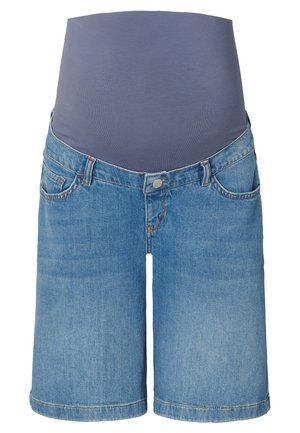 Graviditets-denimshorts med et blåt strækpanel i toppen, lyseblå falmet denimstof, fem-lomme design og opkrøllede kanter.