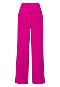 Pantalones de pierna ancha fucsias con una textura suave y una cinturilla plana. Sin bolsillos visibles ni adornos. Diseñados para un ajuste relajado.