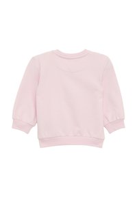 Różowy bawełniany sweatshirt z długimi puffowymi rękawami i okrągłym dekoltem. Posiada elastyczne wykończenia na dole i mankietach dla lepszego dopasowania. Gładka tekstura, prosty design.
