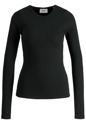 T-shirt à manches longues noir en tissu côtelé extensible avec un col rond. Présente une construction sans coutures et un design ajusté.