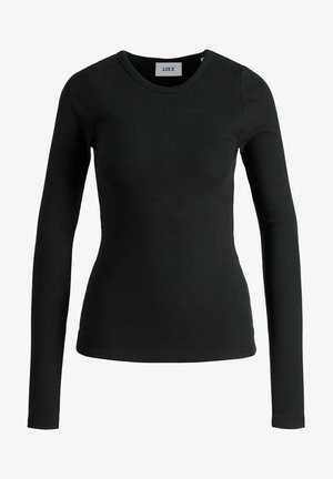 Langærmet sort ribbet top lavet af et strækbart stof med en rund halsudskæring. Har sømløs konstruktion og tætsiddende design.