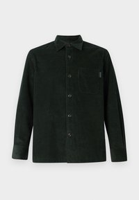 Dark green corduroy shirt with a button-up front, long sleeves, a chest pocket, and textured ribbed fabric for added depth.