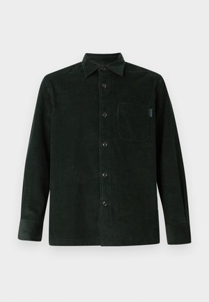 Dark green corduroy shirt with a button-up front, long sleeves, a chest pocket, and textured ribbed fabric for added depth.