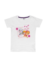 T-shirt bianco in cotone con una grafica di due cani cartoon, testo "GIOCA", puntini rosa e fiori su uno sfondo rosa chiaro.