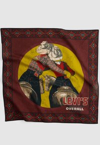 Due cowboy in camicie scozzesi e cappelli che montano a cavallo, abbracciandosi; bordo rosso con il testo "Levi's America's Finest Overall".