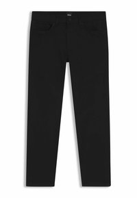 Black denim trousers with a straight cut, featuring a standard waistband, five pockets, and a button closure. Smooth texture throughout.