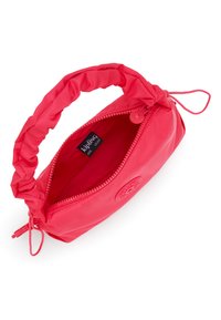 Pink synthetic handbag with a gathered handle and zipper closure. Features an embossed logo and smooth texture. Compact, soft, and lightweight design.