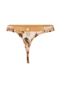 Sous-vêtement string avec motif abstrait marron et beige et une ceinture élastique beige avec logos PSD blancs.