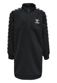 Svart zip-up sweatshirt i syntetmaterial, med hög krage, långa ärmar med elastiska manschetter och vita sidostråk med en logotyp.