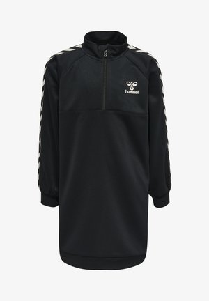 Svart zip-up sweatshirt i syntetmaterial, med hög krage, långa ärmar med elastiska manschetter och vita sidostråk med en logotyp.