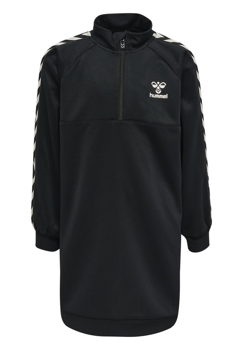 Svart zip-up sweatshirt i syntetmaterial, med hög krage, långa ärmar med elastiska manschetter och vita sidostråk med en logotyp.