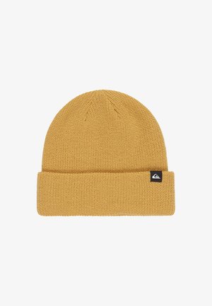 Senfgelber gestrickter Beanie mit umgeschlagenem Saum und einem kleinen schwarzen Logotag auf der rechten Vorderseite.