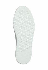 Suola di scarpa in gomma bianca con superficie testurizzata, caratterizzata da motivi esagonali e sezioni lisce per la trazione e il comfort.