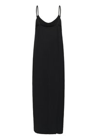 Robe noire sans manches avec des fines bretelles, présentant un décolleté froncé et une coupe droite et décontractée. Fabriquée en tissu doux et lisse.