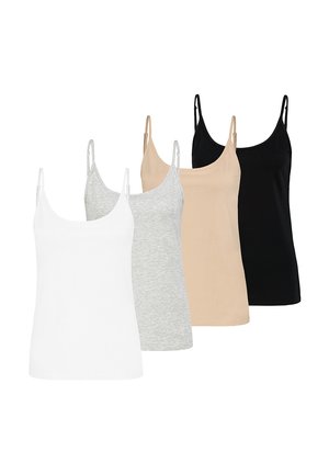 Vier Damenunterhemden in Weiß, Hellgrau, Beige und Schwarz. Jedes hat dünne verstellbare Träger, ein weiches Baumwollmaterial und ein figurnahes Design.