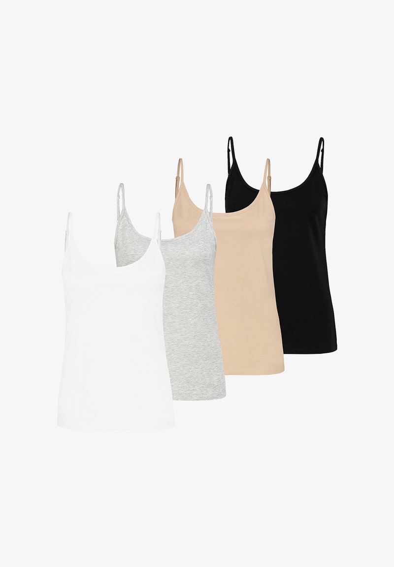 Four camisole tops in white, light grey, beige, and black. Each has thin adjustable straps, a soft cotton material, and a fitted design.