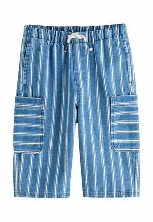 Striped blue cargo shorts with an elastic waistband and drawstring. Features two large side pockets with white stripes and a denim texture.