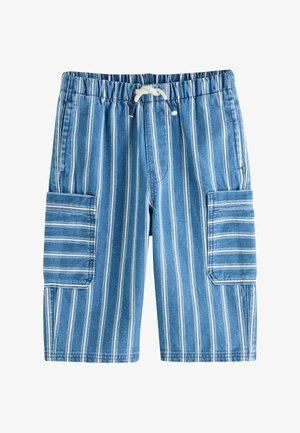 Prúžkované modré cargo šortky s elastickým pásom a šnúrkou. Obsahujú dve veľké bočné vrecká s bielymi prúžkami a textúrou džínoviny.