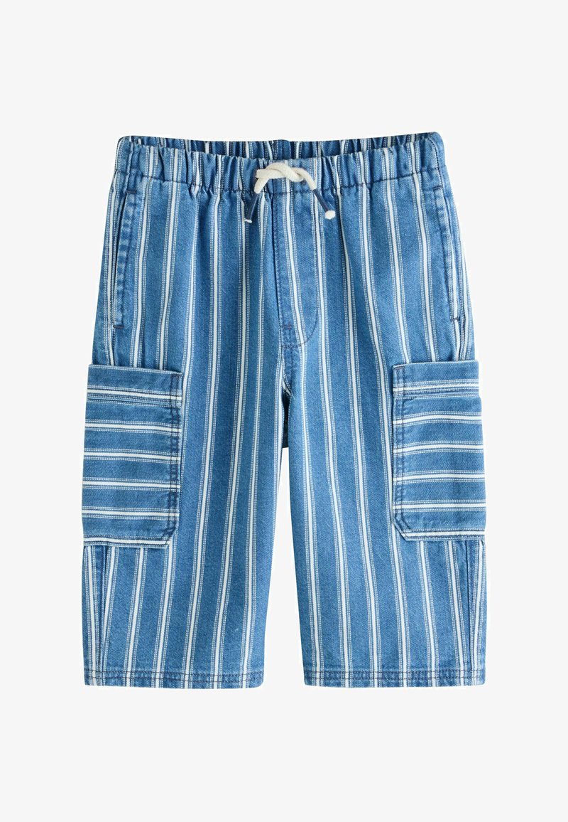 Pantaloni scurți cargo în dungi albastre, cu talie elastică și șnur. Au două buzunare laterale mari cu dungi albe și o textură asemănătoare denimului.