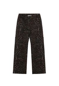 Pantalones de pierna ancha con estampado de leopardo en tonos oscuros, con una textura suave, que cuentan con bolsillos laterales y detalles de costura visibles.