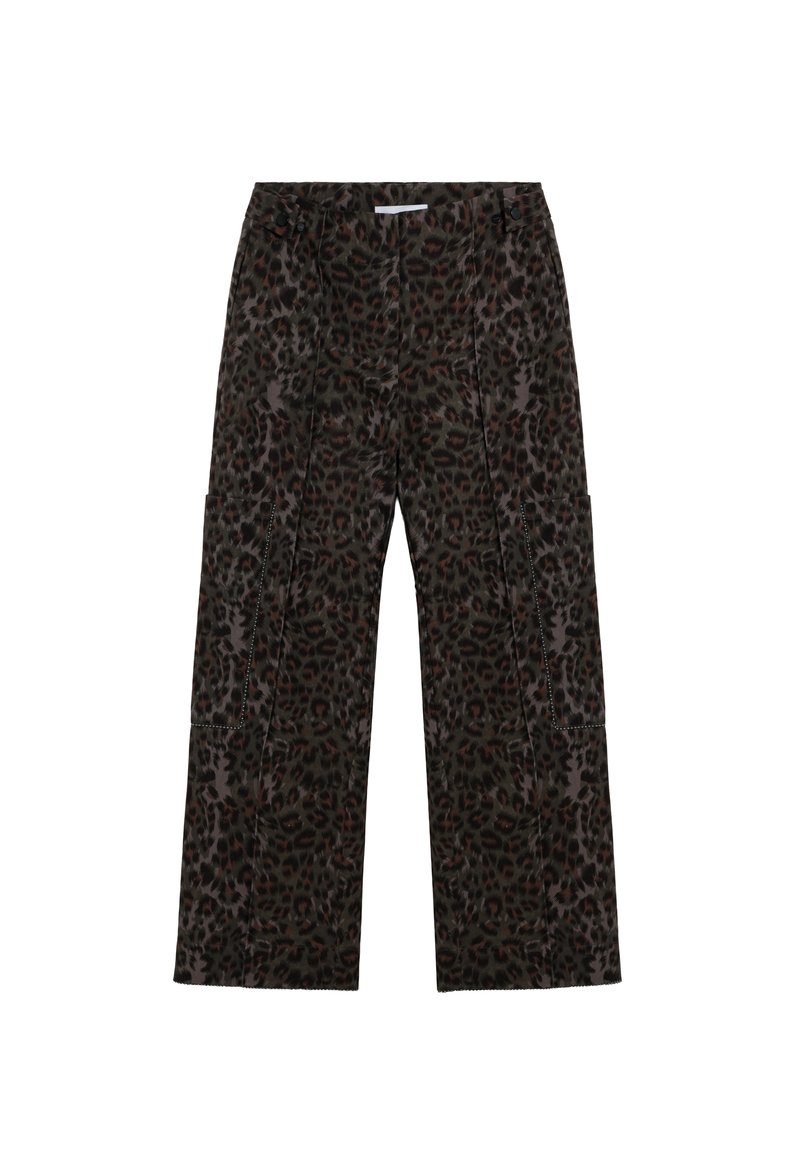 Pantalones de pierna ancha con estampado de leopardo en tonos oscuros, con una textura suave, que cuentan con bolsillos laterales y detalles de costura visibles.