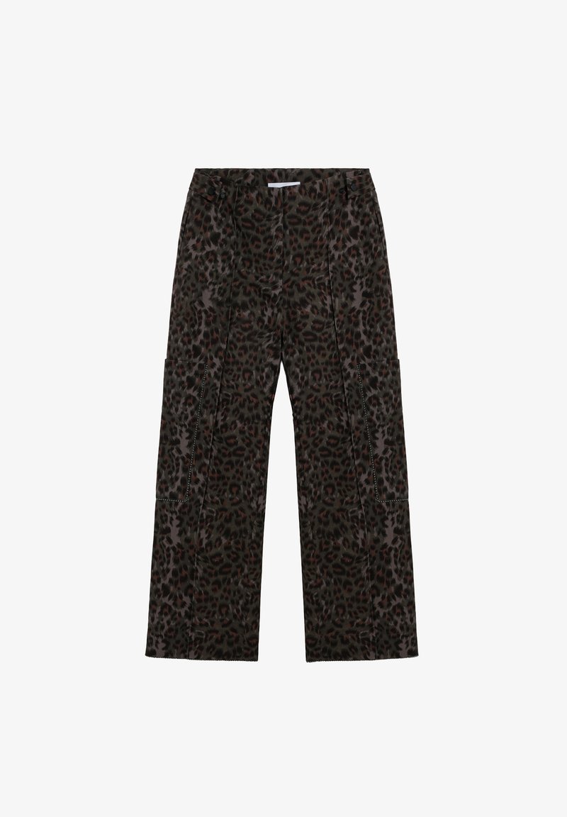 Pantalones de pierna ancha con estampado de leopardo en tonos oscuros, con una textura suave, que cuentan con bolsillos laterales y detalles de costura visibles.